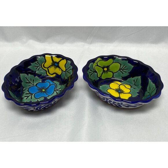 2 Handcrafted Mexican Talavera Ceramic Oval Bowls Floral Design Lead Free - Picture 2 of 10